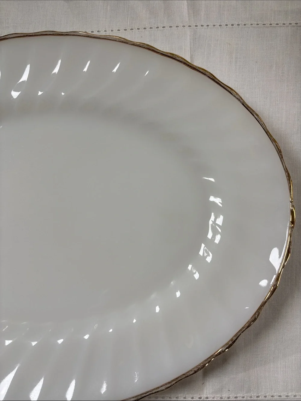 Vintage Anchor Hocking Milk Glass Serving Platter with Gold Rim